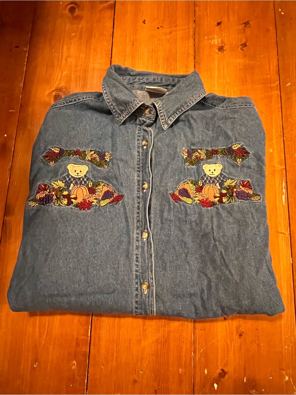 Bobbie Brooks Harvest Time Fall Bear Embroidered Button Down Long Sleeve Size L